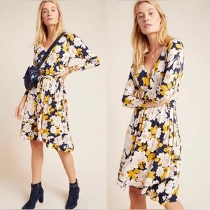 Maeve Anthropologie Angelique Wrap Mini Dress in Blue Floral Motif Yellow Cream